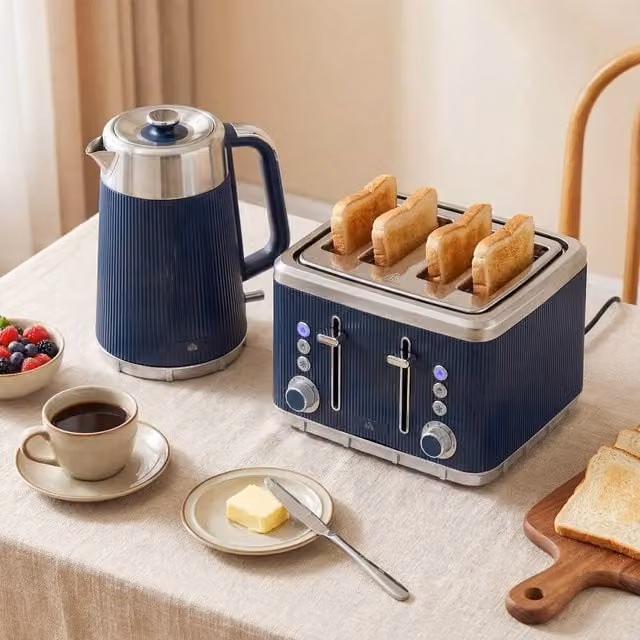 HOMCOM Rapid Boil Kettle 1.7L and 4 Slice Toaster Set with Crumb Tray in Dark Blue