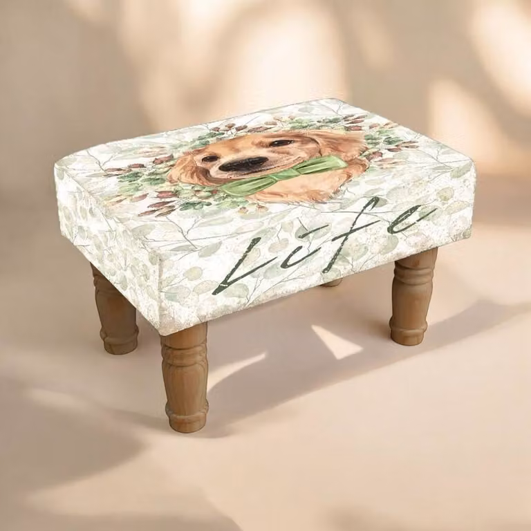 Minster Dog Print Design Footstool in Brown and Multicolour, W: 40 cm, D: 26 cm, H: 26 cm