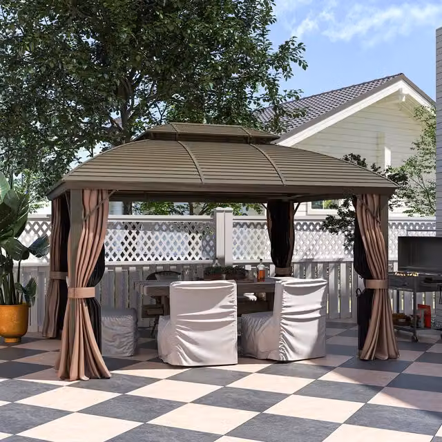 Outsunny Hardtop Steel Gazebo Canopy in Brown, W: 365 cm, D: 300 cm, H: 300 cm