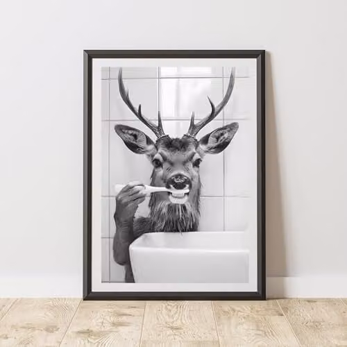 60 Second Makeover Deer Brushing Teeth Animal Print Paper Poster, Multicolour, W: 21.0 cm, H: 29.7 cm