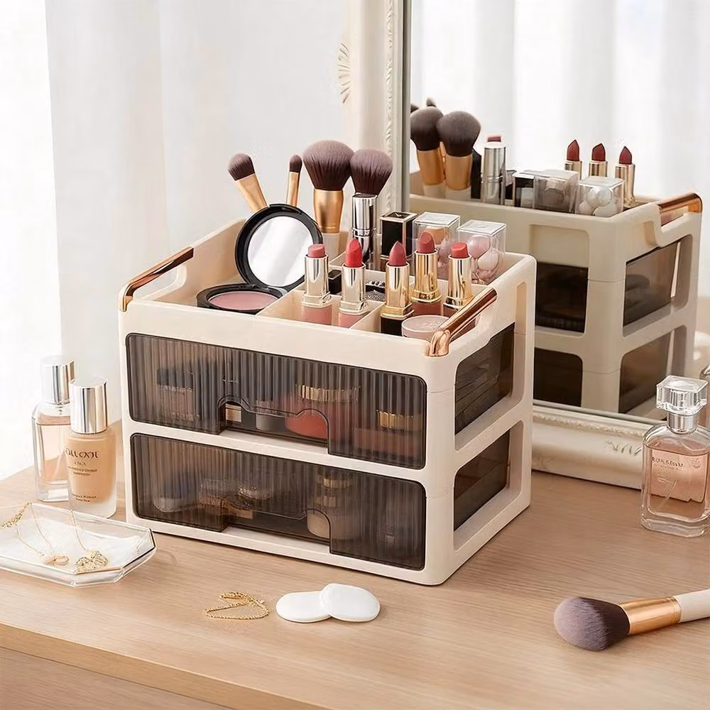 FORGEVIO Makeup Organiser Holder Case with 2 Large Drawers, Beige, W: 50.0 cm – 4