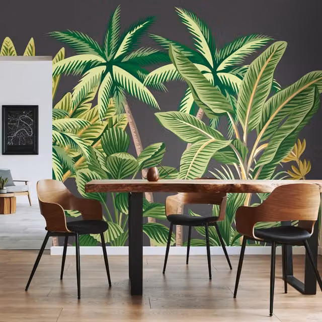 Origin Murals Tropical Palm Trees Summer Floral Wall Mural in Black and Multicolour