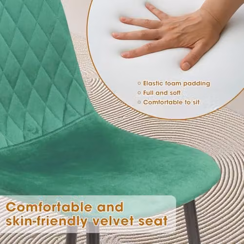 Alivio Set of 4 Green Velvet Dining Chairs with Ergonomic Curved Backrests and Metal Legs – 4