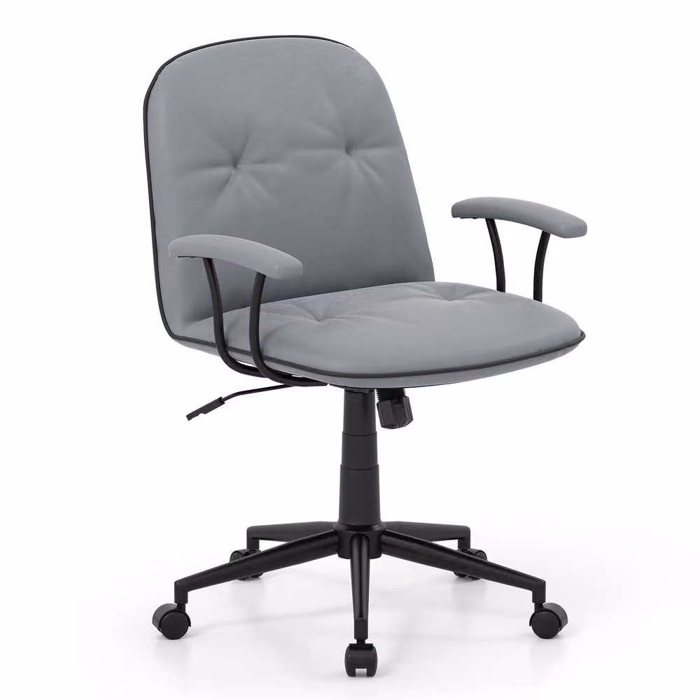 Costway Grey PU Leather Swivel Home Office Task Chair with Armrests and Castors – 3