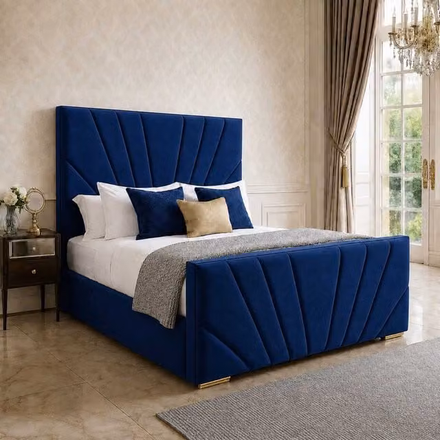 K Mehmood Enterprise Ltd Modern Blue Velvet Upholstered Bed Frame with Geometric Headboard and Footboard