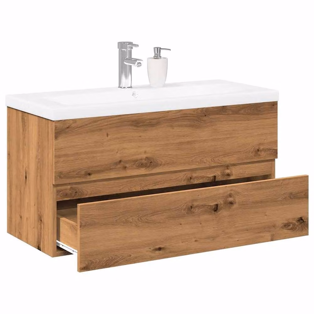 Berkfield Home Artisan Oak Sink Cabinet with Built-in Basin in Brown, W/D/H: 101 x 39.5 x 49 cm – 2