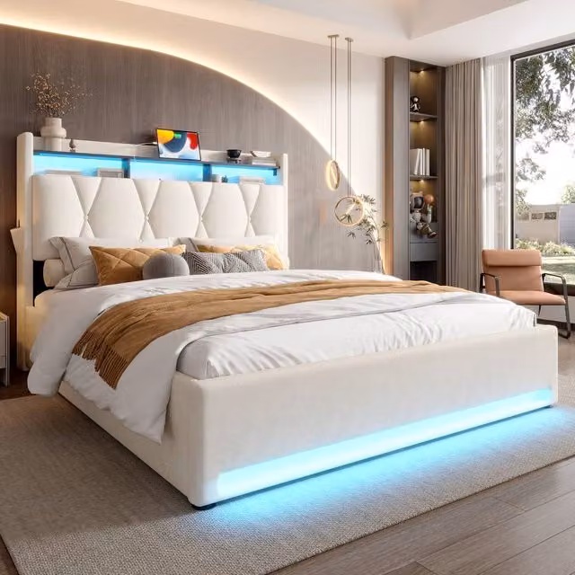 Matteo King Size Upholstered Velvet Bed Frame in Beige with LED Lighting, USB Charging Port, Bedside Shelf and Lift Up Storage, W/D/H: 180 x 200 x 116.5 cm