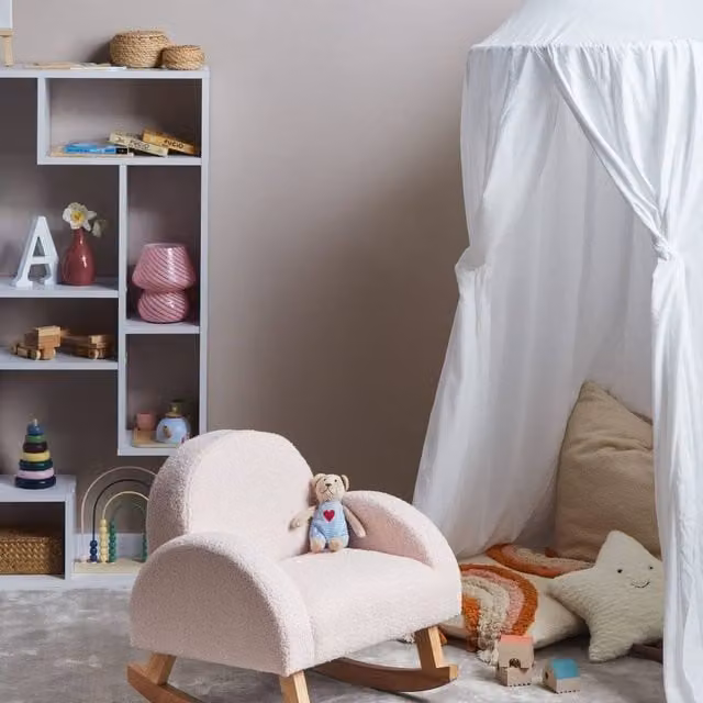 Wyld Haus Pink Bouclé Kids Rocking Chair with Armrests and Solid Rubberwood Frame – 1