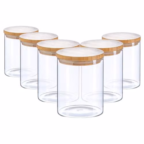 Argon Tableware Scandi Airtight Glass Storage Jars with Solid Wooden Lids, 0.75 l, 6 Pack, Transparent – 1