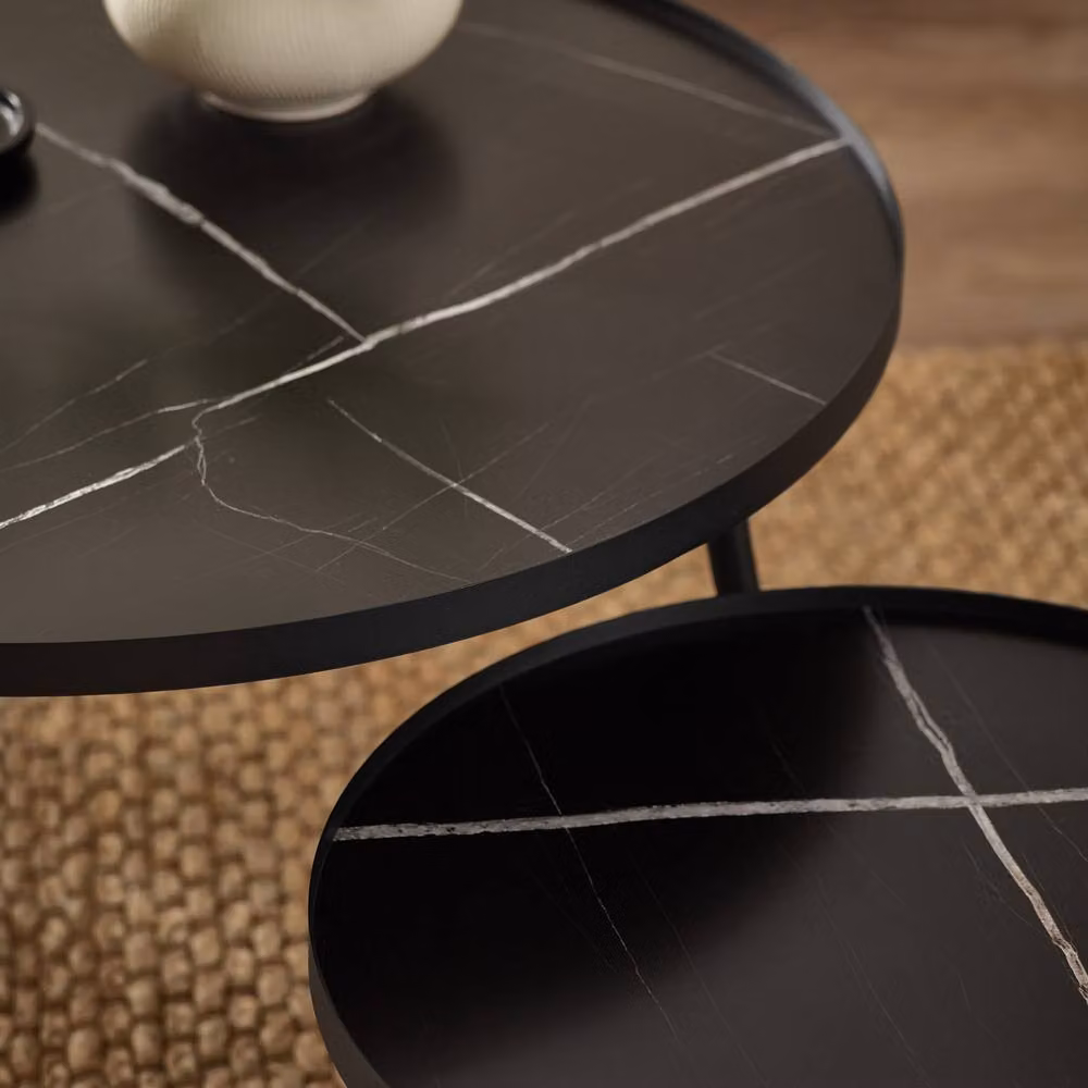Cheshire Nerano Round Nesting Coffee Tables in Black Marble Effect, Diameter: 78 cm – 4