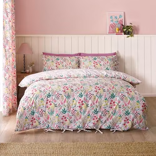 Catherine Lansfield Tilly Floral Reversible Single Duvet Cover and Pillowcase Set, Pink, W/D/H: 135 x 200 cm, Pillowcase: 50 x 75 cm