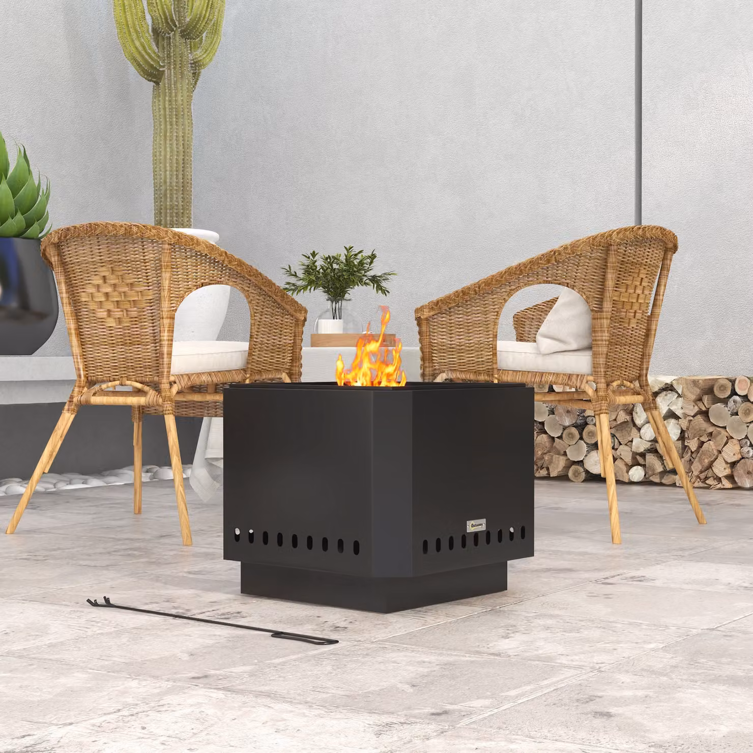 Outsunny Smokeless Wood Burning Fire Pit, Portable Square Metal Bonfire Stove with Poker, Black, W: 48 cm, D: 48 cm, H: 41 cm – 2