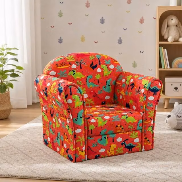 STILVORA Kids Armchair with Red Dinosaur Design and Solid Wood Frame – 1