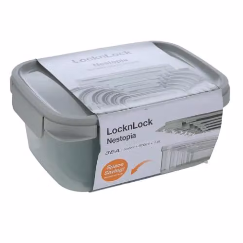 LocknLock NestnLock Stackable Airtight Food Storage Containers, 3-Piece Set, Green, 500ml, 920ml and 1.6L – 1