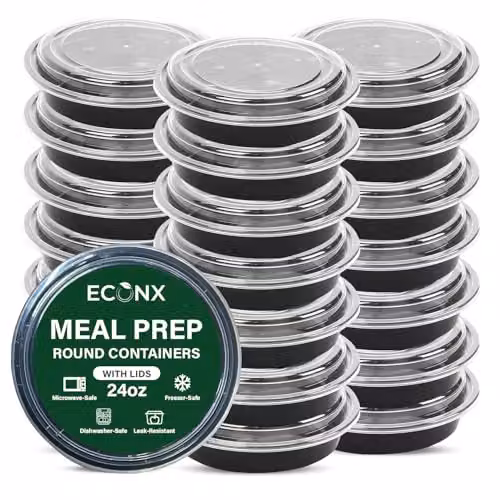 ECONX 10 Pack Round Plastic Meal Prep Containers with Airtight Lids, 24oz, Black – 1