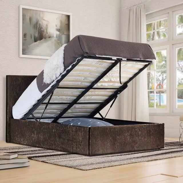 Comfy Living Brown Velvet Upholstered Single Ottoman Bed Frame with Lift Up Base