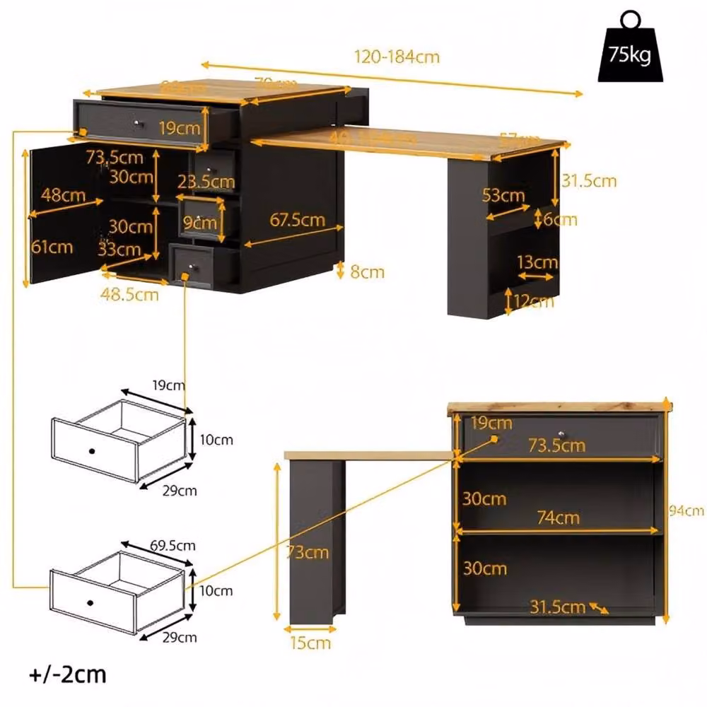 Merax Modern Extendable Kitchen Island Dining Table in Black, W/D/H: 120 x 70 x 94 cm to 184 x 70 x 94 cm – 3