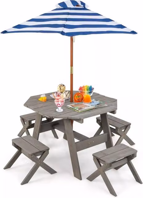 Costway Wooden Octagon Kids Picnic Table Set with 4 Chairs and Umbrella in Grey – 1