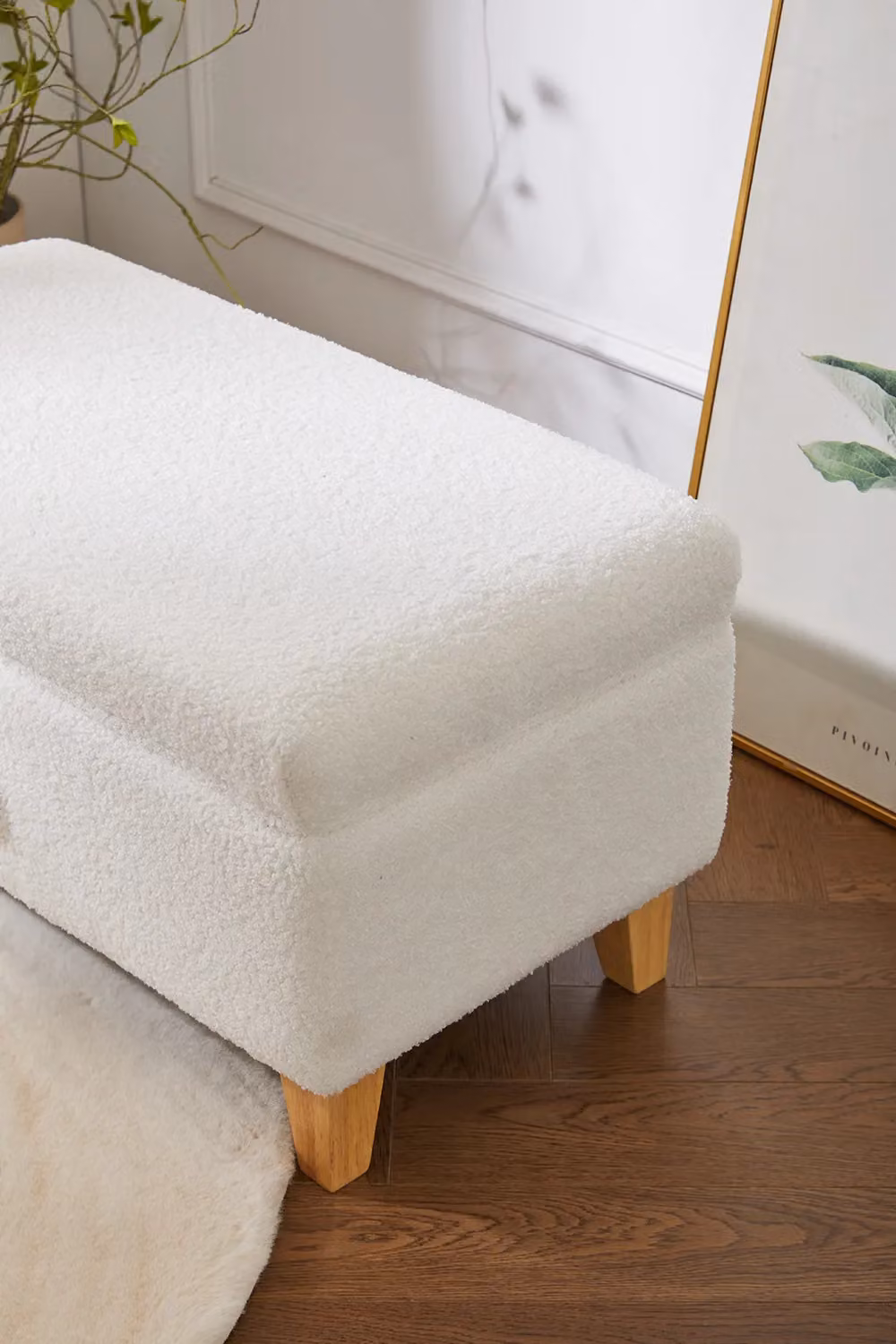Living and Home White Teddy Fleece Bouclé Upholstered Storage Ottoman – 5