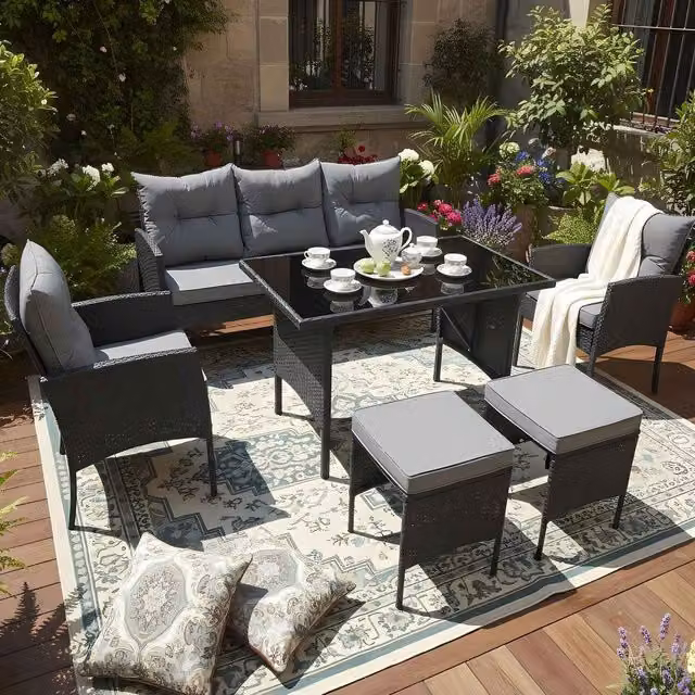 BIRCHTREE 7-Seater Modern Rattan and Metal Furniture Set in Black