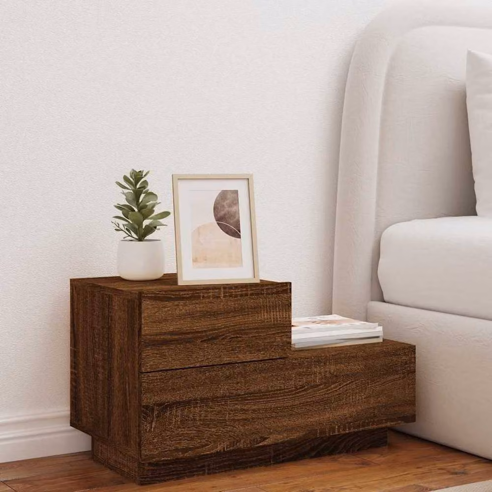 Berkfield Home Modern Bedside Cabinet with Integrated LED Lights in Brown Oak, W/D/H: 70 x 36 x 40.5 cm – 2
