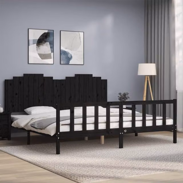 Berkfield Home Black Solid Wood Pine Bed Frame with Headboard 200 x 200 cm