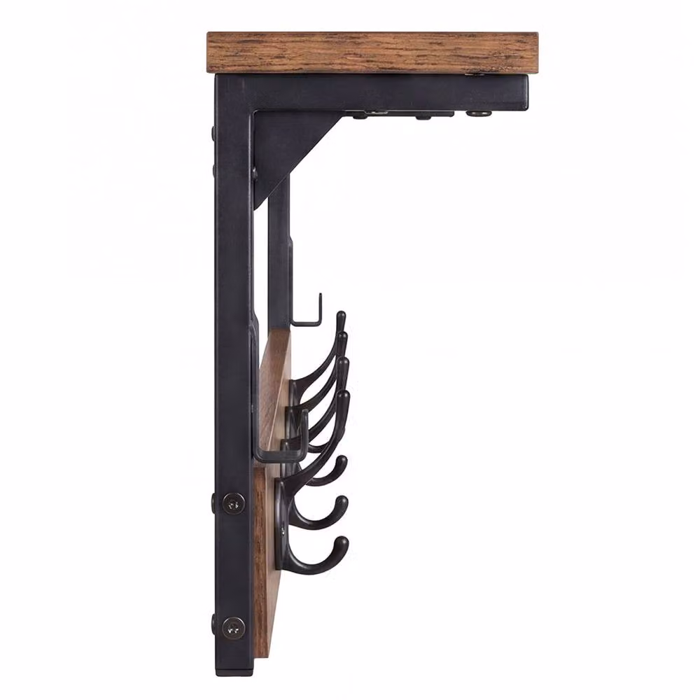 Levede Wall Mounted Wooden Coat Rack with 7 Hooks and Shelf, Brown and Black, W: 70 cm, D: 25 cm, H: 7 cm – 6