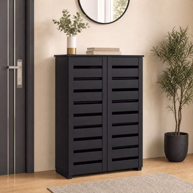 STILVORA Modern 5 Tier Black Shoe Cabinet with Hinged Slatted Doors – 1