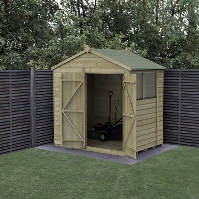 Forest Garden Shiplap Apex Shed with Double Doors and 2 Windows, Green/Brown, W: 213.36 cm, D: 152.4 cm, H: 182.88 cm