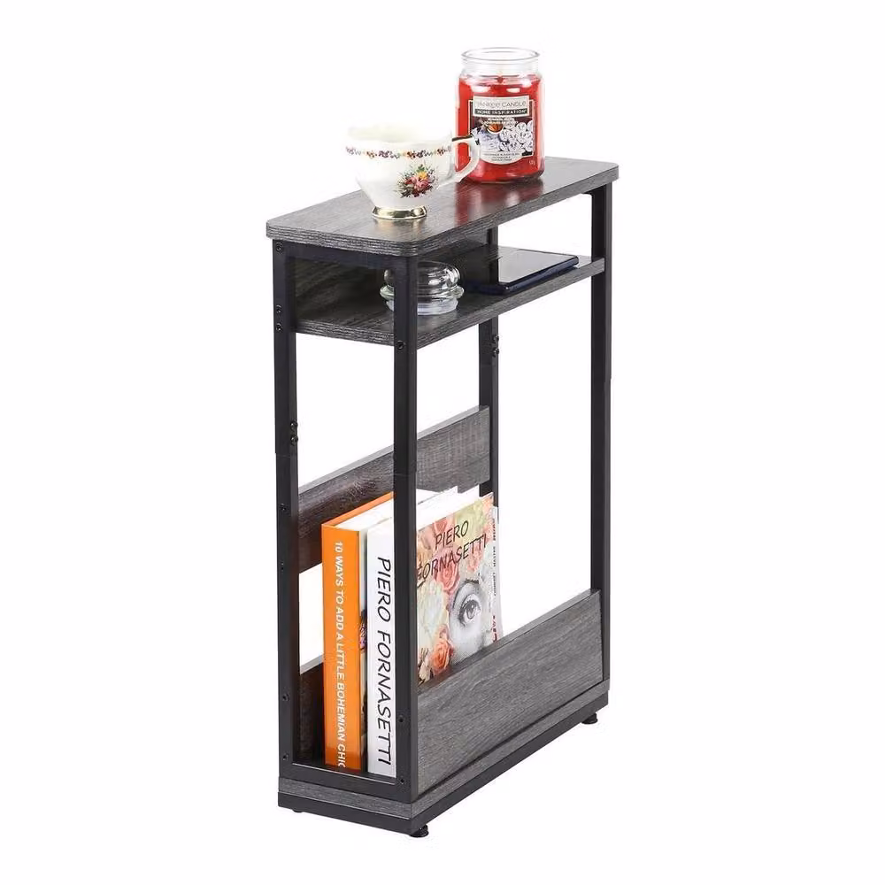 VOGREX 3-Tier Narrow Side End Table with Storage Shelf in Grey – 5