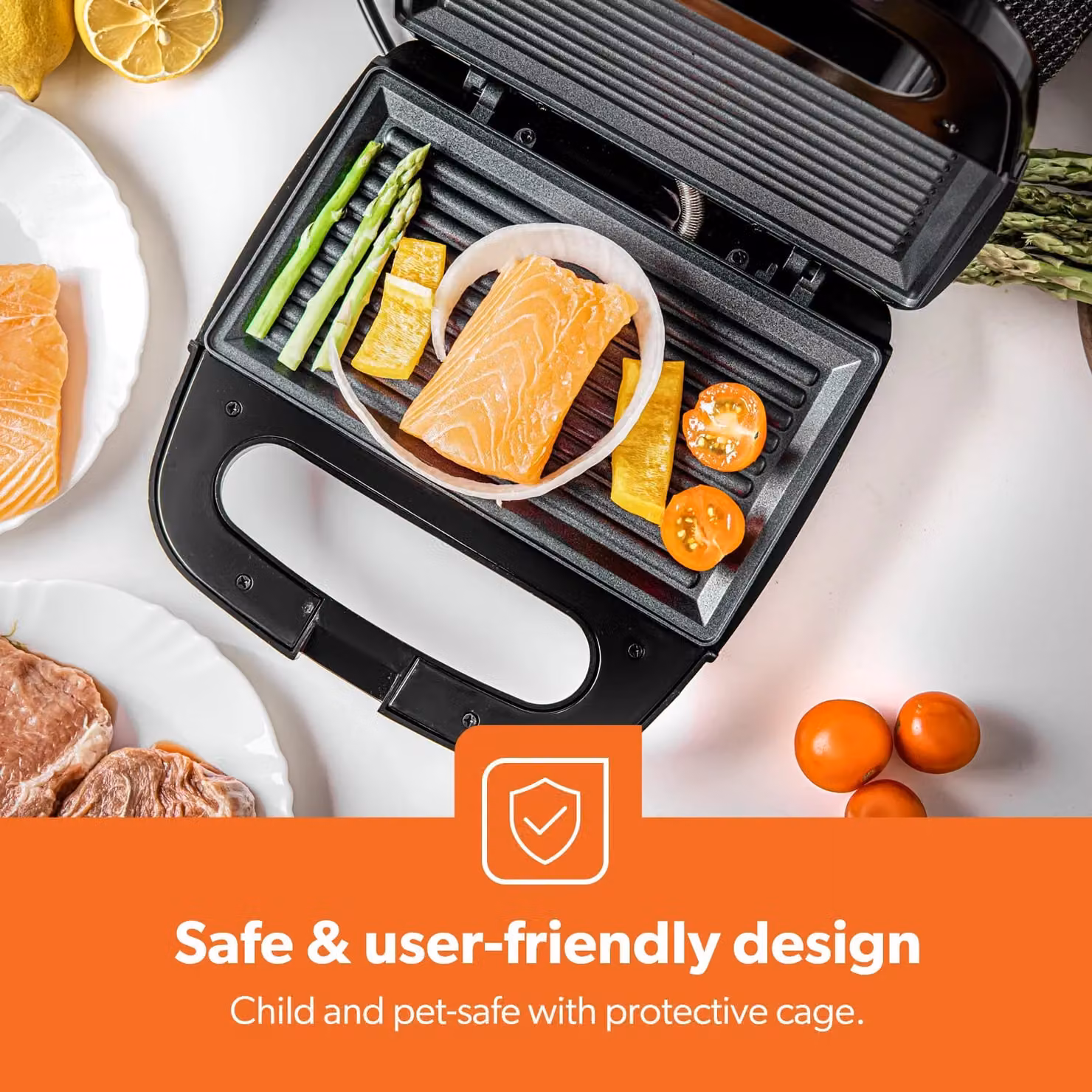 Geepas 750W Panini Press Grill and 2 Slice Sandwich Toaster with Non-Stick Plates in Metallic Silver and Black – 4
