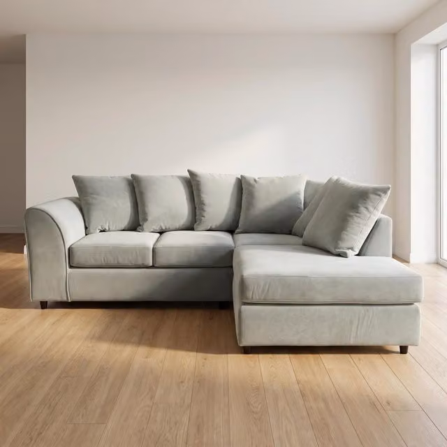 Abakus Direct Harriet Boucle Fabric Right Facing Corner Sofa with Chaise and Scatter Cushions in Light Grey – 1