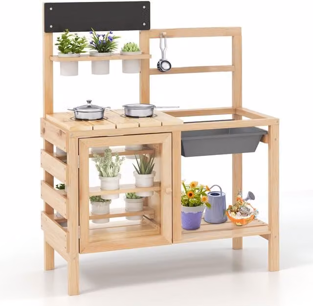 COSTWAY Outdoor Kids Pretend Mud Kitchen in Beige and Brown with Stainless Steel Details