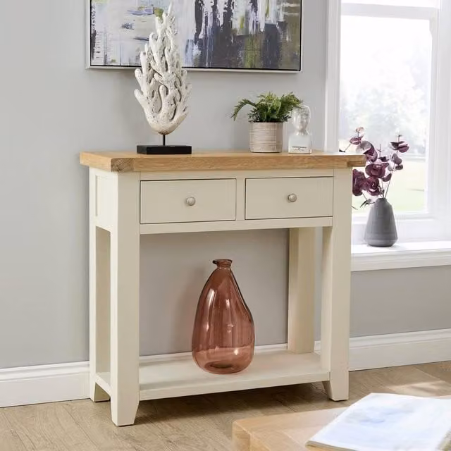 Home Source Melbourne Hallway Console Table with 2 Storage Drawers, White with Solid Oak Top, W: 85 cm, D: 34 cm, H: 70 cm – 1