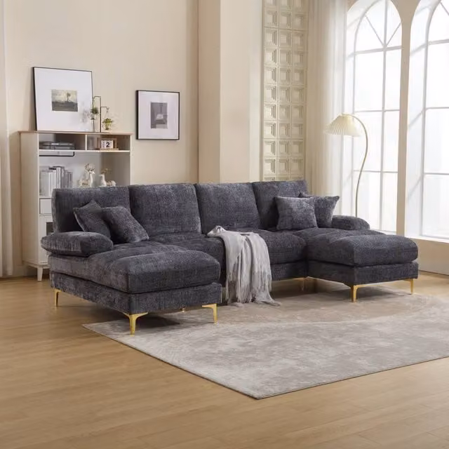 Direct Wicker Modular U-Shaped Sectional Sofa with Double Chaise in Dark Grey