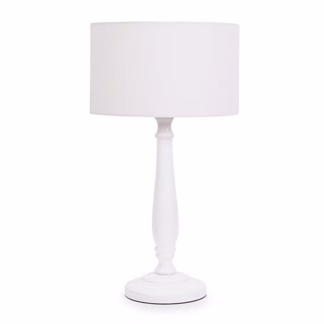 ValueLights Victoria White Table Lamp with Wood Base and Fabric Cylinder Shade
