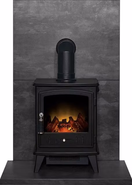 Acantha Fires & Fireplaces Tile and Hearth Set in Black Slate Venetian Plaster Effect with Aviemore Stove and Angled Pipe
