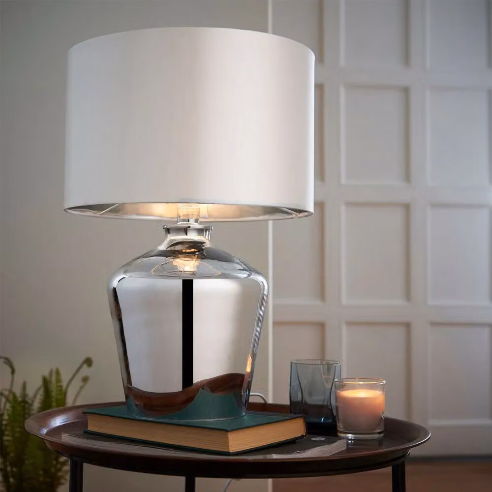 Loops Modern Mirror Table Lamp with Gloss Chrome Glass Base and Ivory Fabric Shade – 2
