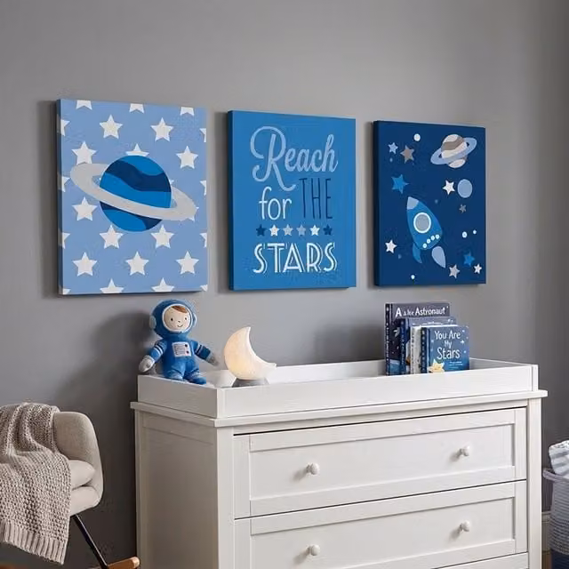 Orsina Kids Set of 3 Reach For The Stars Wall Plaques in Blue, Grey and White – 1