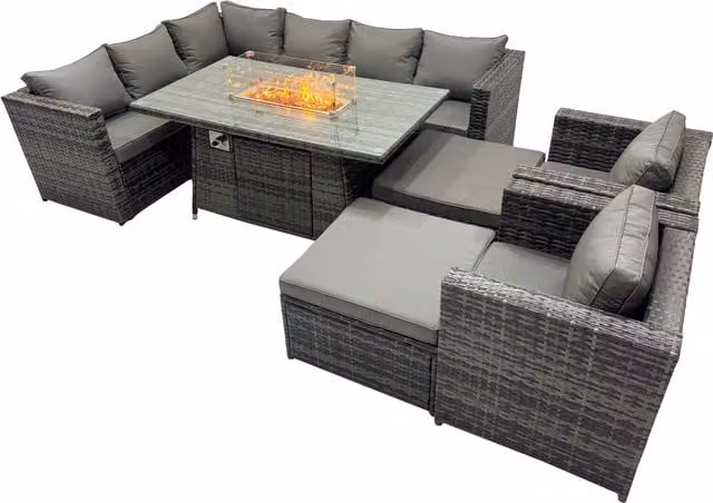 Fimous 10-Seater Rattan Garden Furniture Set with Gas Firepit and Corner Sofa in Dark Grey Mixed