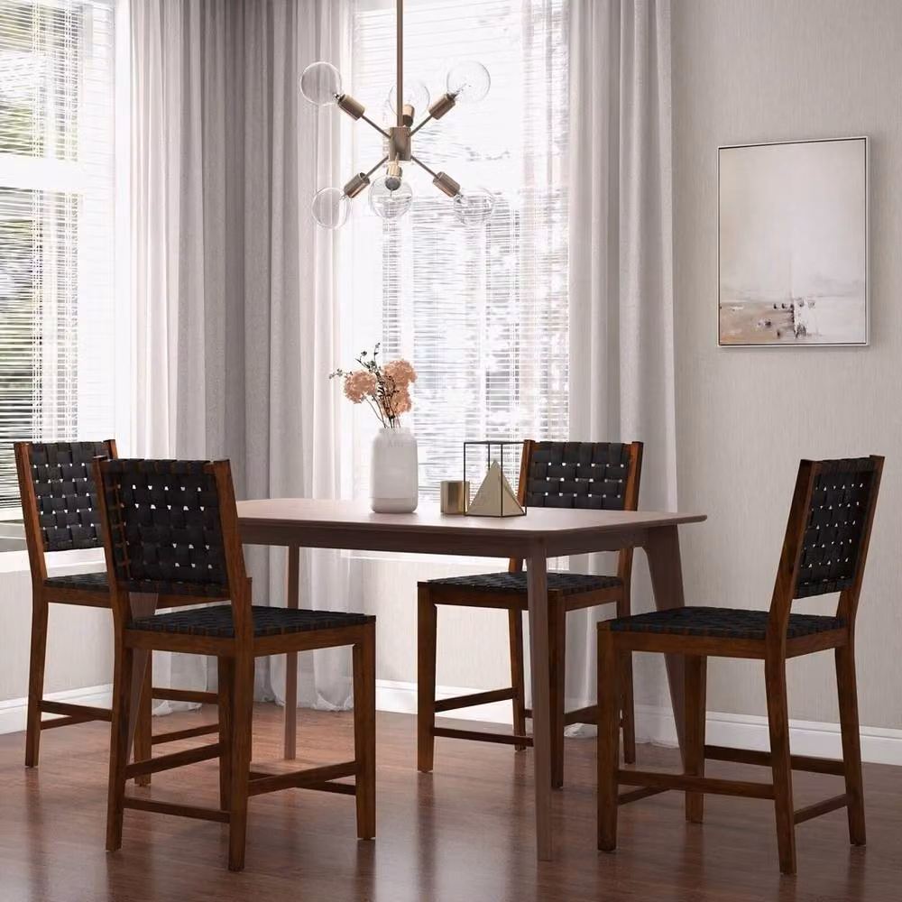 Havendro Set of 2 Multicolour Woven Counter Height Bar Stools with Synthetic Leather and Acacia Wood – 3