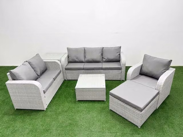 Fimous Patio 7 Seater Grey PE Wicker Rattan Outdoor Furniture Set with Square Coffee Table, Reclining Chair, Loveseat, 3 Seater Sofa and Footstool