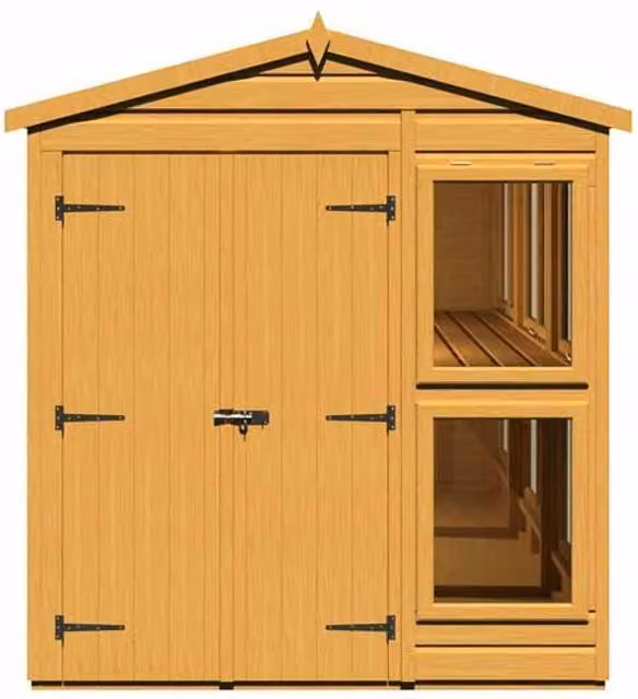 Shires Sun Hut Brown Wooden Potting Shed with Double-Wing Doors, Shelving and Tempered Glass, W: 185.8 cm, D: 357 cm, H: 214.6 cm