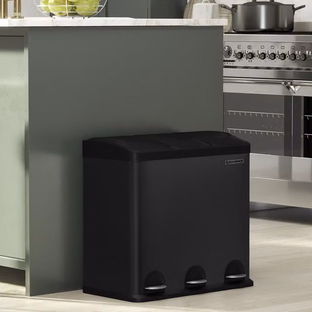 SONGMICS 318 Litre Kitchen Waste Pedal Bin with 3 Compartments, Black