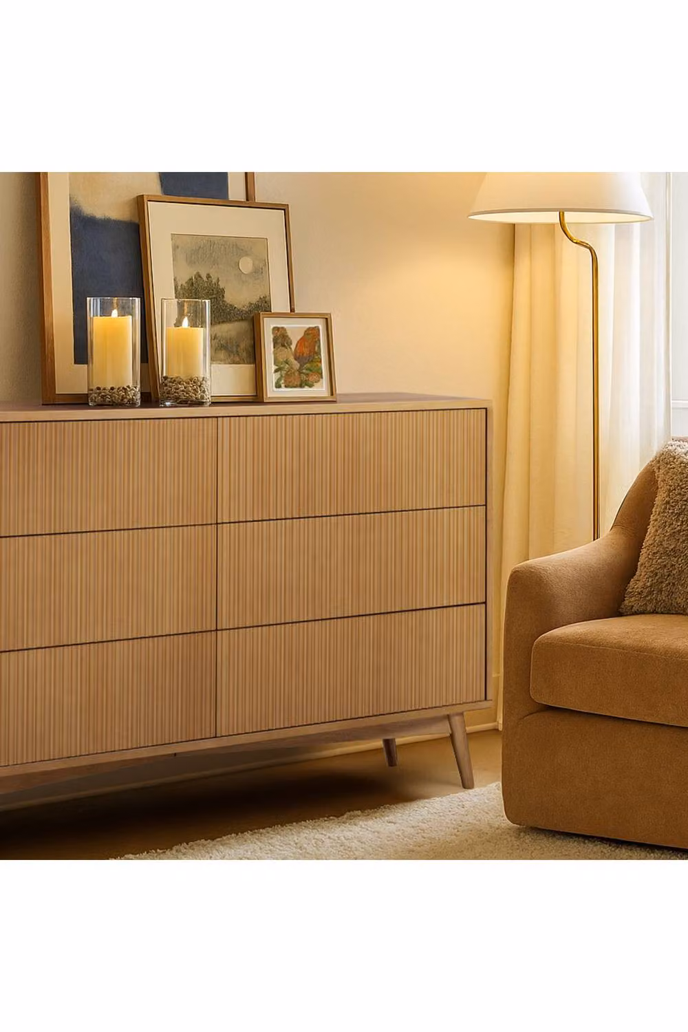 Teamson Home Tremolo 6 Drawer Horizontal Dresser with Acacia Veneer and Fluted Wood Fronts in Natural Sand, W: 140 cm, D: 45.72 cm, H: 81.28 cm – 2