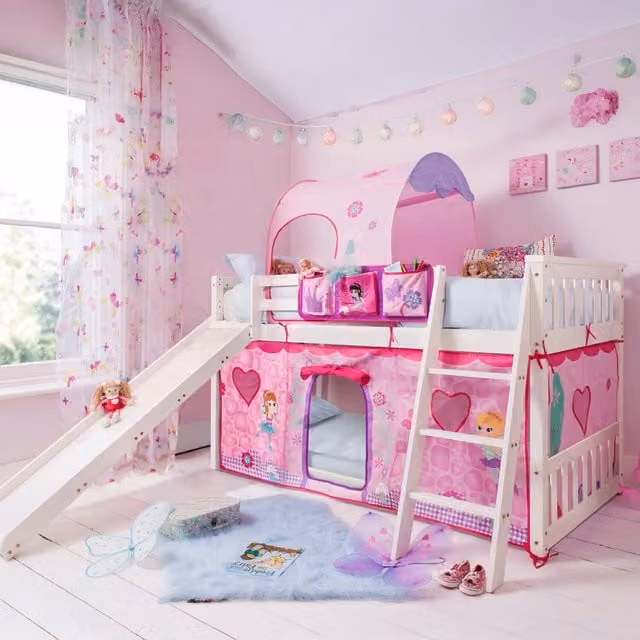 Noa and Nani Tuva Low Cabin Bed with Bunk and Slide in White and Pink, Solid Pine Wood