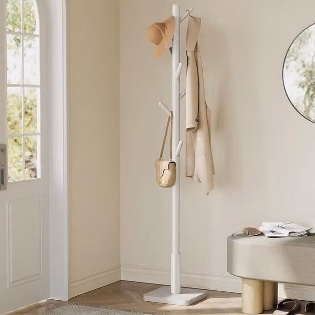 VASAGLE Premium Wood Hall Stand Multi Hook Coat Tree with Adjustable Height in White – 1
