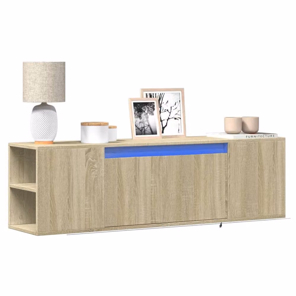 Berkfield Home TV Wall Cabinet with LED Lights in Sonoma Oak and Light Tan, W: 135 cm, D: 31 cm, H: 39.5 cm – 2