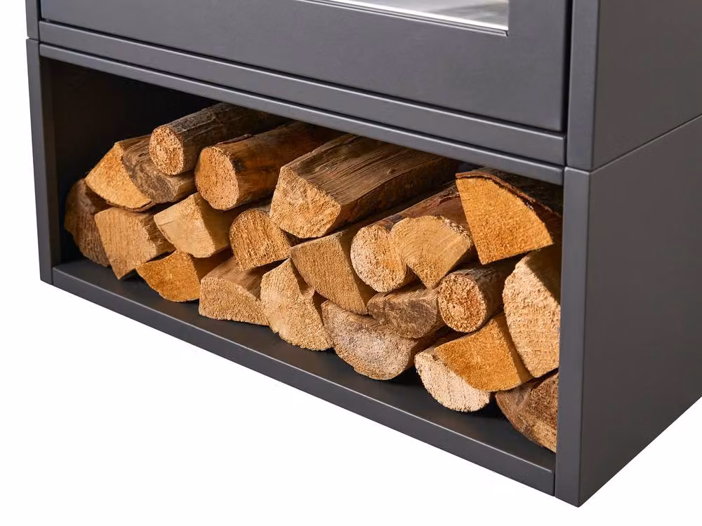 OKO S6 Bio Ethanol Stove and Log Store in Grey with Extra Tall Angled Metal Pipe – 4