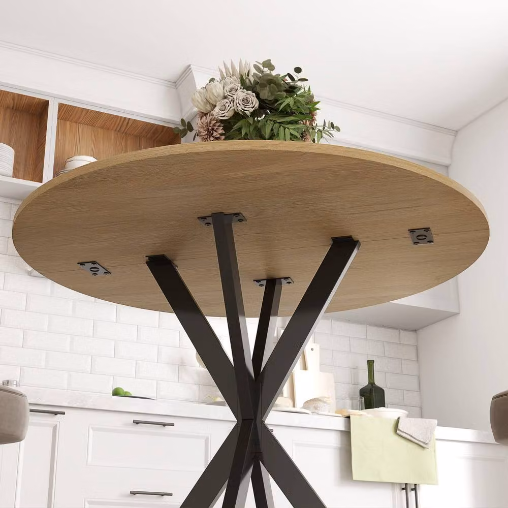 Wyld Haus Mihafi Industrial Round Dining Table, Oak Effect Top with Black Metal X-Frame, Diameter: 80 cm, Height: 75 cm – 4